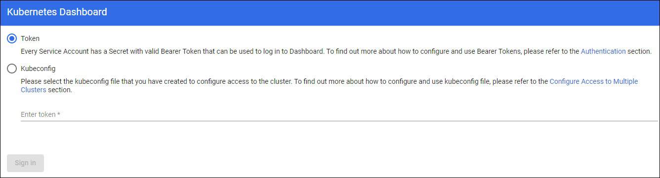Kubernetes Dashboard login page