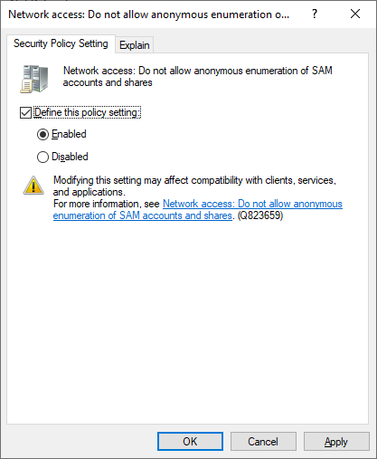 GPO - DENY ANONYMOUS ENUMERATION SHARES SAM GPO - DENY ANONYMOUS ENUMERATION SHARES SAM